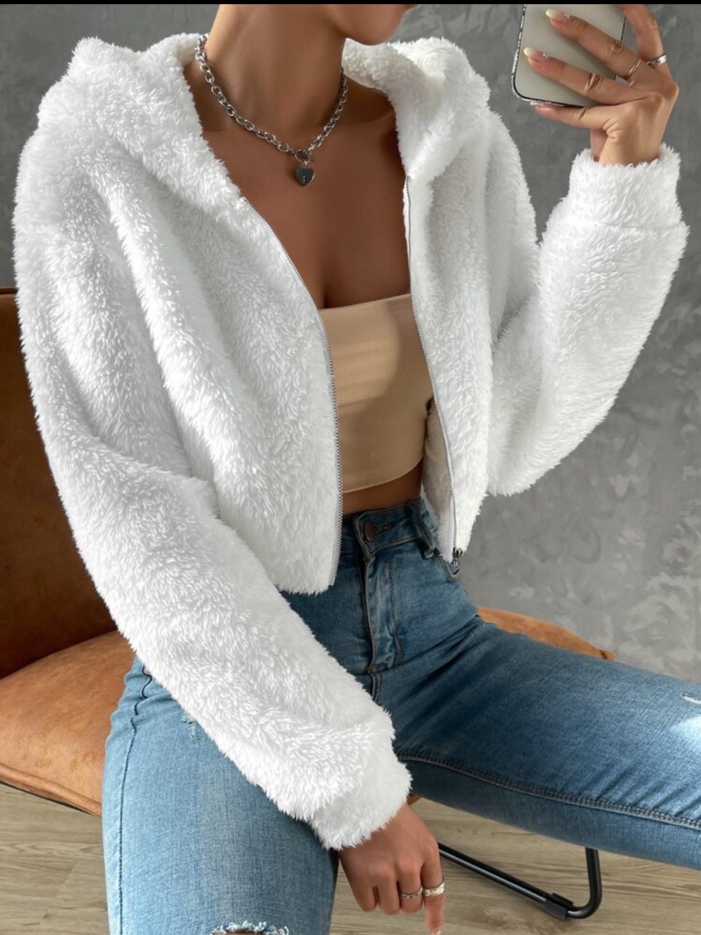 SHEIN White Plush Zip-Up Hooded Teddy Jacket